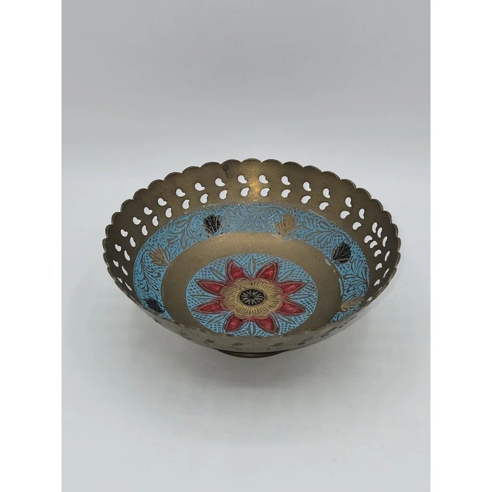 Vintage Hand Painted Brass Pedestal Bowl Pierced Floral Enamel Candy Dish
